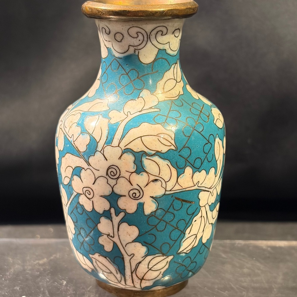Vintage Chinese Cloisonne Enamel Bud Vase Turquoise White Cherry Blossom 3.25in